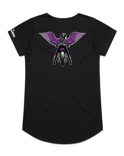 This great design includes a lady rider on a motorbike looking back, with purple wings on black tee 