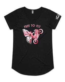 black tee front with free to fly words and motorcycle rider female