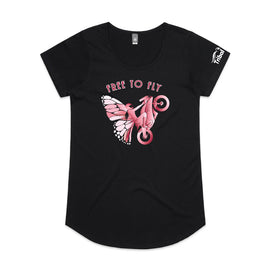black tee front with free to fly words and motorcycle rider female