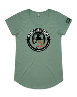 Sage ladies tee with design of woman in helmet and words in a circle around her.
