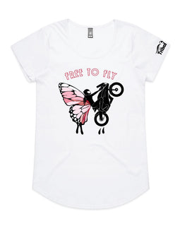 White tee with a free to fly design with motorcycle and butterfly.