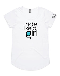 Ladies ride like a girl aqua design on a white tee