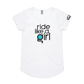 Ladies ride like a girl aqua design on a white tee