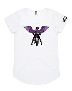 This great design includes a lady rider on a motorbike looking back, with purple wings on white tee