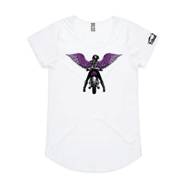 This great design includes a lady rider on a motorbike looking back, with purple wings on white tee