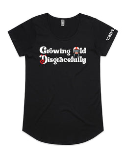 Growing old disgracefully words with lady in helmet and horns on tee - black