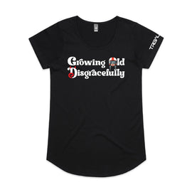 Growing old disgracefully words with lady in helmet and horns on tee - black