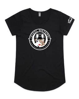 Black tee with design of woman in helmet and words in a circle around her.