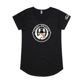 Black tee with design of woman in helmet and words in a circle around her.