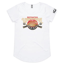 This design is of motorbike handlebars in front of a sunset with the words destination unknown on a womens white tee