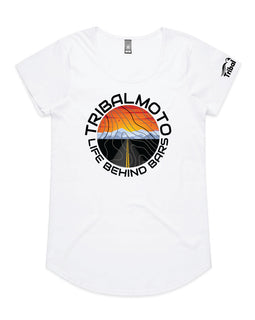 Circle design with words life behind bars with sunset and road on a white tee