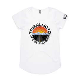Circle design with words life behind bars with sunset and road on a white tee