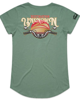 Destination unknown design of sunset and motorbike handlebars on sage womens tee