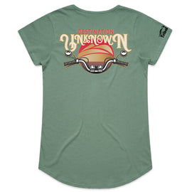 Destination unknown design of sunset and motorbike handlebars on sage womens tee