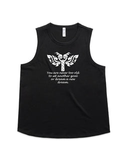 Design of heart, wings and motorbike wheel with words, You are neer too old to set another goal, or dream a new dream.