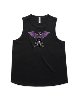 Black tank design includes a lady rider on a motorbike looking back, with purple wings. 