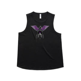 Black tank design includes a lady rider on a motorbike looking back, with purple wings. 