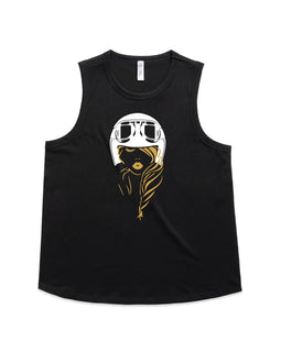 Timeless, elegant and very demure, this lady rider wearing a motorbike helmet on a black tank