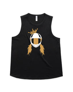 Motorbike queen design includes a lady wearing a motorbike helmet topped with a cute crown on a black tank top