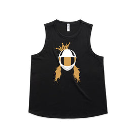 Motorbike queen design includes a lady wearing a motorbike helmet topped with a cute crown on a black tank top