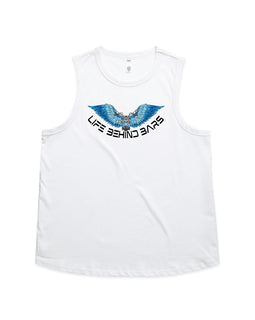 This stunning design includes a blue motorbike in front of open wings and the words Life Behind Bars across the bottom on a white tank.