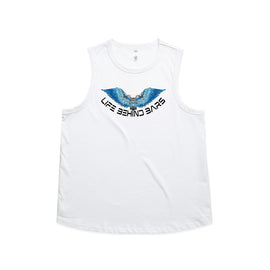 This stunning design includes a blue motorbike in front of open wings and the words Life Behind Bars across the bottom on a white tank.
