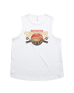 Destination unknown design of sunset and motorbike handlebars on white womens tank