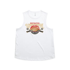 Destination unknown design of sunset and motorbike handlebars on white womens tank