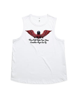 Design of a lady motorbike rider wearing a helmet, with long red hair and gorgeous angel wings. Under her are the words Never ride faster than your guardian angel - on a white tank top front