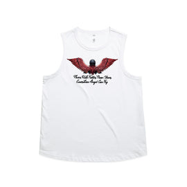 Design of a lady motorbike rider wearing a helmet, with long red hair and gorgeous angel wings. Under her are the words Never ride faster than your guardian angel - on a white tank top front