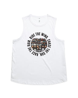White coloured tank with a design of motorcycle lady riders and the words Ride the wind, Chase the sun, Race the rain in a circle around the outside.