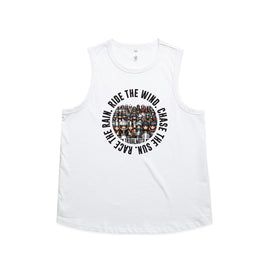 White coloured tank with a design of motorcycle lady riders and the words Ride the wind, Chase the sun, Race the rain in a circle around the outside.