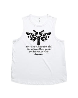 Design of heart, wings and motorbike wheel with words, You are neer too old to set another goal, or dream a new dream on white tank.