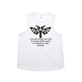 Design of heart, wings and motorbike wheel with words, You are neer too old to set another goal, or dream a new dream on white tank.