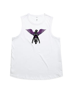 White tank design includes a lady rider on a motorbike looking back, with purple wings. 