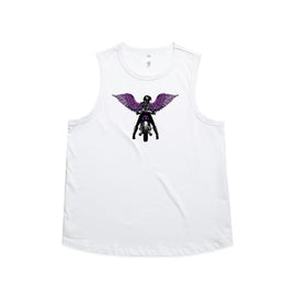 White tank design includes a lady rider on a motorbike looking back, with purple wings. 