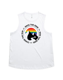 White tank with a design of mountain and rainbow background, with words in a circle: race the rain, ride the wind, chase the sun.