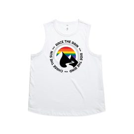 White tank with a design of mountain and rainbow background, with words in a circle: race the rain, ride the wind, chase the sun.