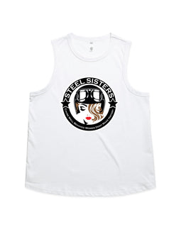 White women's tank with image of lady wearing helmet with words in a circle around her.
