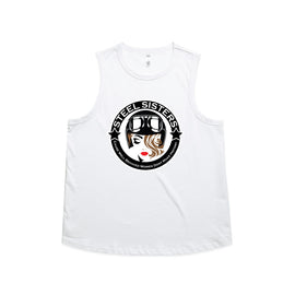 White women's tank with image of lady wearing helmet with words in a circle around her.