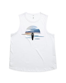 Motorbike sunset on white ladies tank.