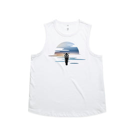 Motorbike sunset on white ladies tank.