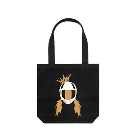 Image of a motorbike helmet wearing a crown, with pigtails in black and gold on black tote-tall