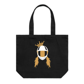 Image of a motorbike helmet wearing a crown, with pigtails in black and gold on black tote-wide