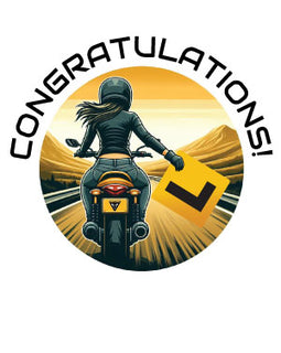 image of lady on motorcyce riding into distance with the words congratulations above