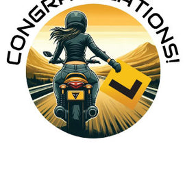 image of lady on motorcyce riding into distance with the words congratulations above