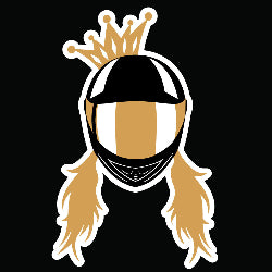 Image of a motorbike helmet wearing a crown, with pigtails in black and gold.