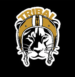 Sticker of lioness in helmet with words tribal moto above