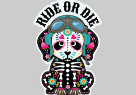 A die-cut sticker featuring a cartoon dog styled with Day of the Dead sugar skull makeup, wearing aviator goggles and a skeleton-print jacket, beneath the text 'RIDE OR DIE' in black arched letters, shown on a solid gray background.