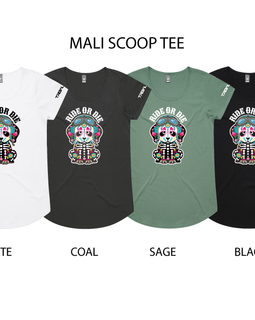 Four short-sleeve scoop-neck T-shirts shown side by side on a white background, labeled White, Coal, Sage, and Black. Each shirt has a colorful graphic of a stylized puppy dog skeleton with the text 'RIDE OR DIE' above it.